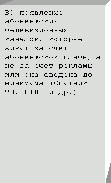 Подпись: В) появление абонентских телевизионных каналов, которые живут за счет абонентской платы, а не за счет рекламы или она сведена до минимума (Спутник-ТВ, НТВ+ и др.)